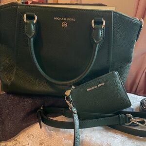 Michael Kors Dark Green Leather Tote with Matching Card Case